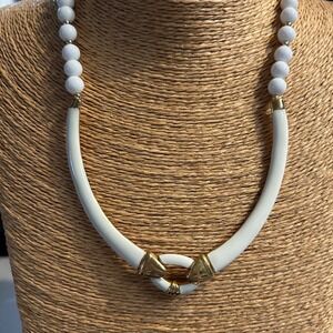 Vintage White Lucite Collar Necklace Gold Tone Statement Beaded Necklace 80s 90s